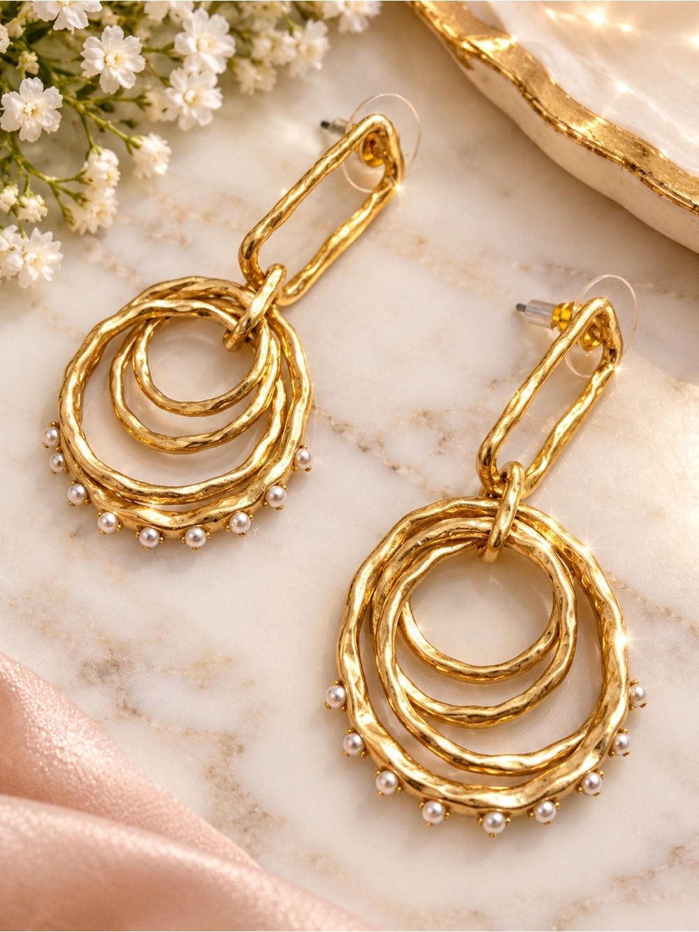 Gold Triple Hoop Pearl Accent Drop Earrings